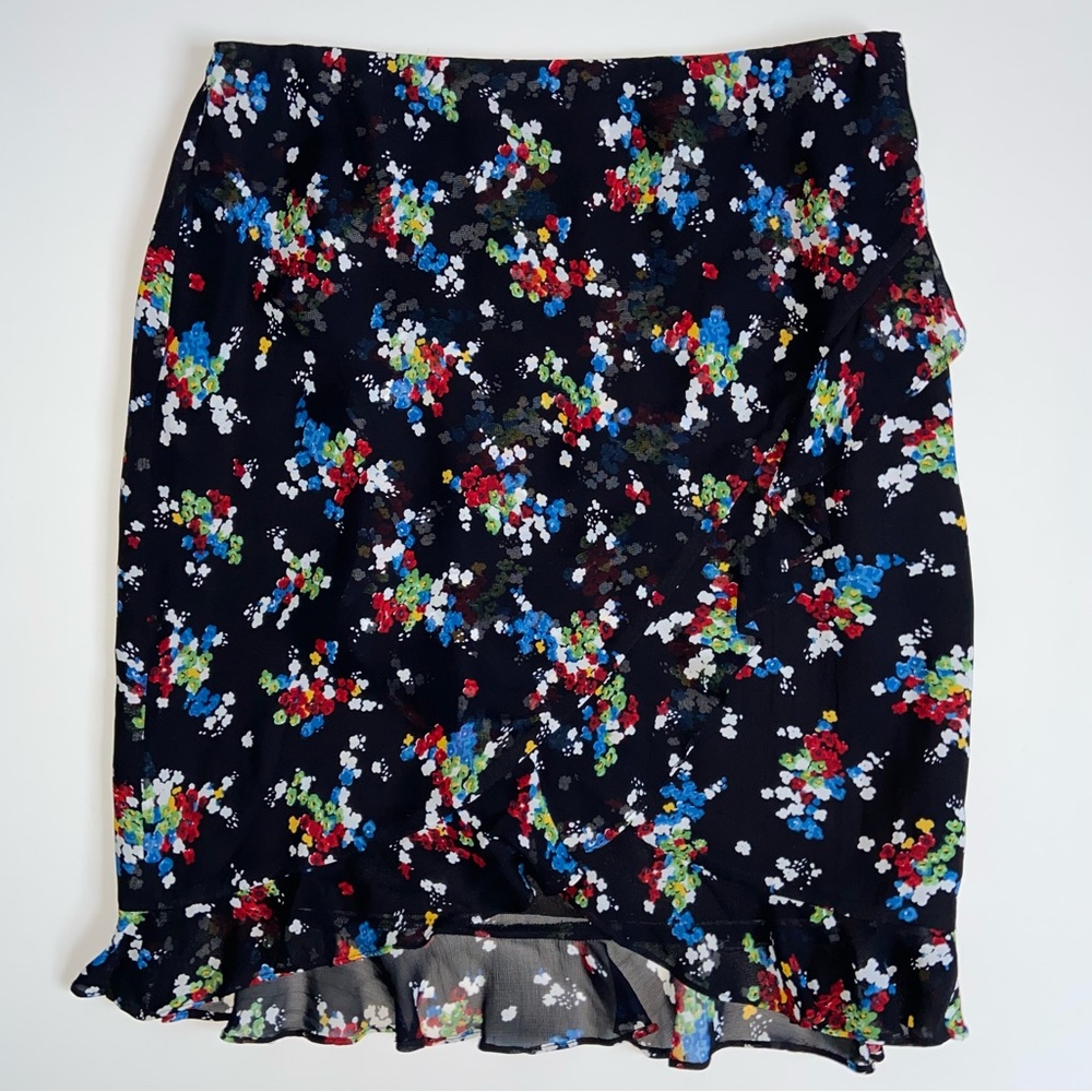 Ralph Lauren Vtg Chiffon Floral Skirt Black Multi Color Ruffle Hem Size 6